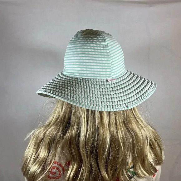 Mint Green & White Striped Wide Brim Sun Hat Beach Summer Protection Foldable - Picture 1 of 8